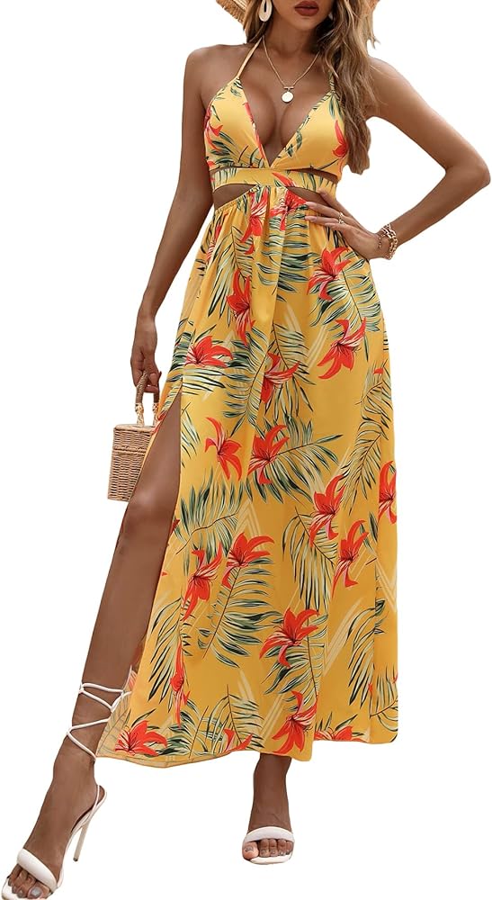 MakeMeChic Women's Floral Halter Deep V Neck Tie Open Back High Slit A Line Cami Summer Maxi Dress