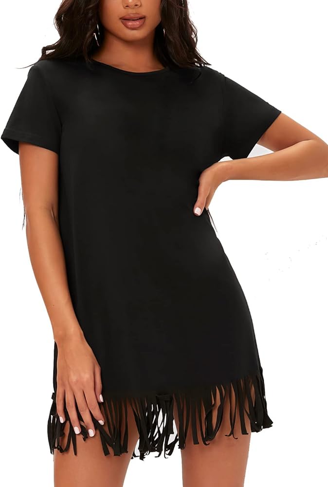 Milumia Women Casual Fringe Hem T Shirt Dress Short Sleeve Round Neck Tee Dress