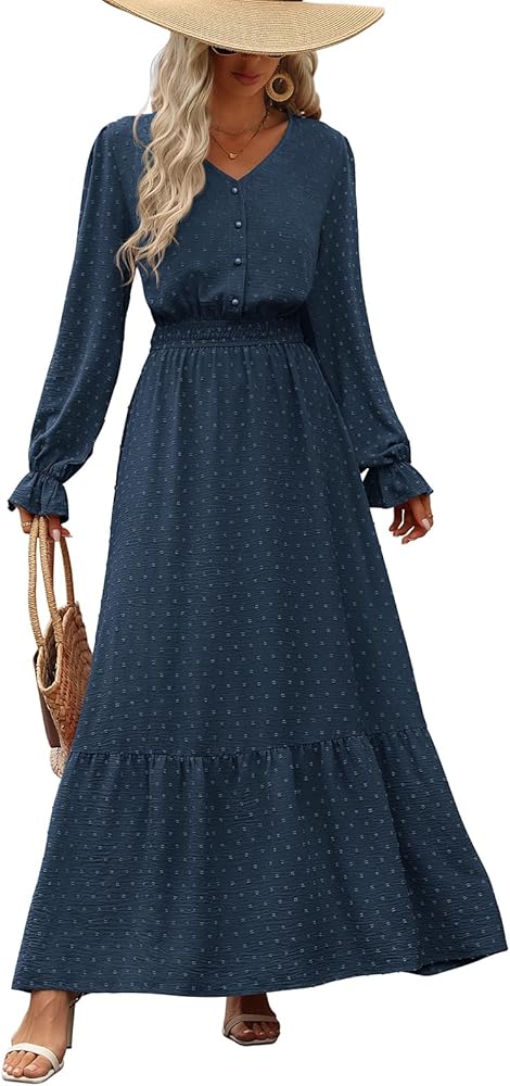 PRETTYGARDEN Women's Fall Maxi Dress 2024 V Neck Button Long Sleeve Swiss Dot High Waist Tiered Smocked Flowy Long Dresses