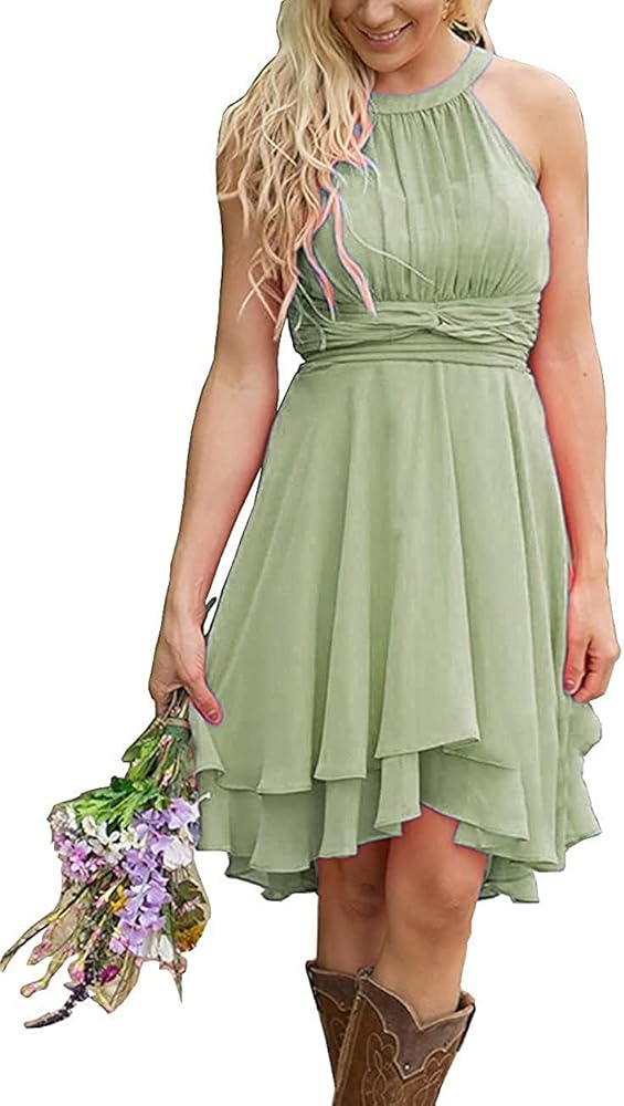 Halter Short Bridesmaid Dresses 2024 Western Wedding Guest Dresses A Line Ruffle Pleated Summer Formal Party Dresses