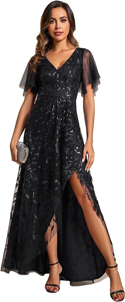 Ever-Pretty Women's Shimmery Formal Dress V Neck Sequins A-Line Side Slit Elegant Long Evening Dresses 02083