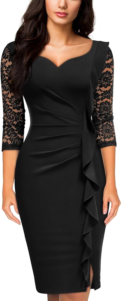 Miusol Women's Classy V-Neck Floral lace 3/4 Sleeve Cocktail Party Dress