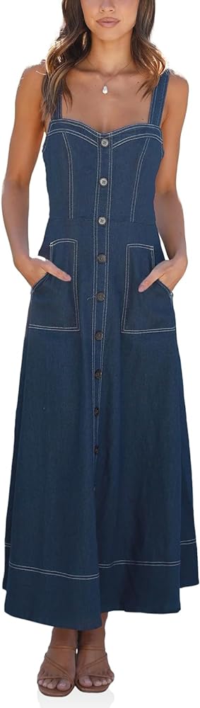 Fisoew Women's Long Denim Dress Sleeveless Adjustable Straps A Line Maxi Dress with Pockets