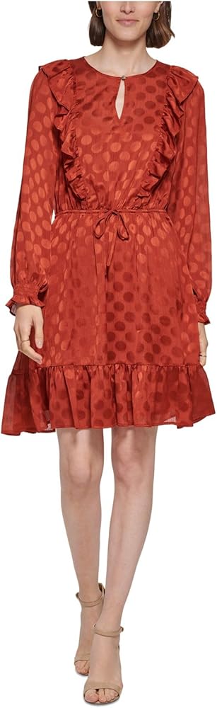 Tommy Hilfiger Women's Chiffon Long Sleeve V Neck Ruffle Dress