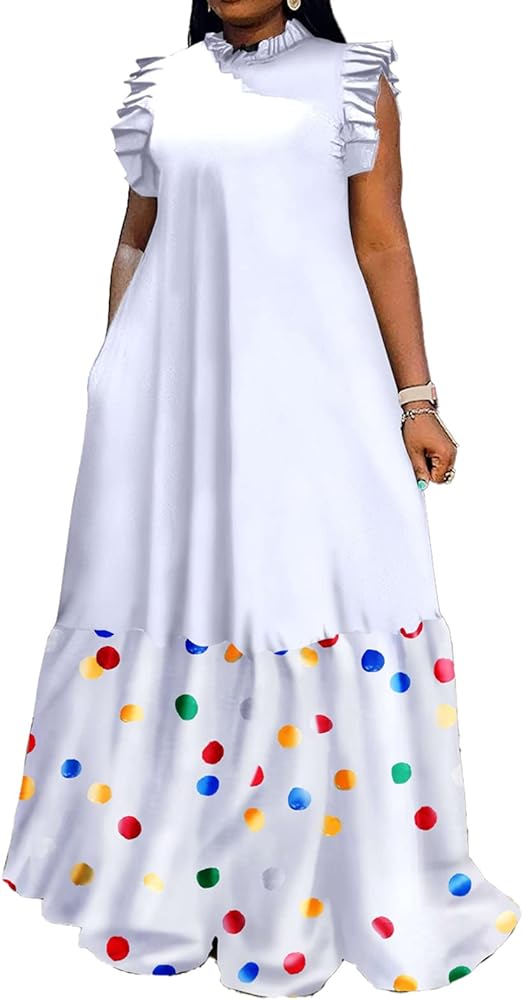 Casual Plus Size Maxi Dress for Women Sleeveless Crewneck Loose A Line Long Dress with Pockets