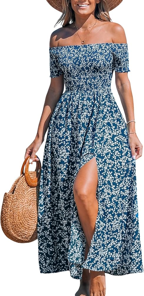 CUPSHE Women's Off Shoulder Beach Dress Floral Tube Ruffle Short Sleeve Elastic Waist High Slit Maxi Summer Dresses