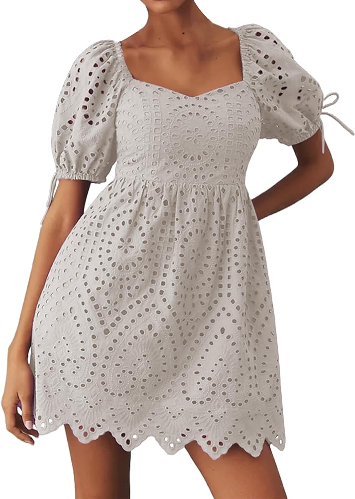 MISSACTIVER Women Eyelet Embroidery Mini Dress Puff Sleeve Pleated Back Short Dress Tie Up Cuffs Asymmetric Hem Summer Dress