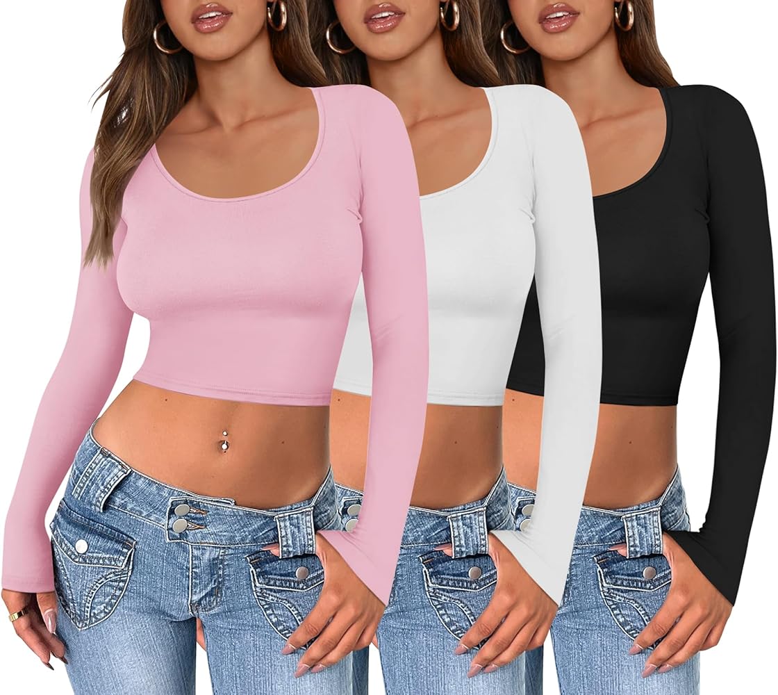 Ekouaer 3 Piece Long Sleeve Crop Tops for Women Scroop Neck Lightweight T Shirts Base Laying Thermal Tee S-XXL