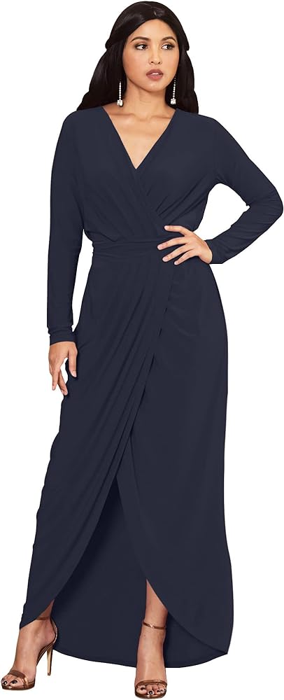 KOH KOH Womens Long Sleeve Formal Wrap Draped Cocktail V-Neck Gown Maxi Dress