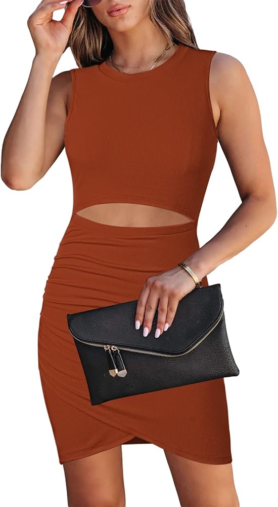 HUUSA Women's Crewneck Sleeveless Cutout Bodycon Mini Dress Casual Summer Slim Fit Cocktail Party Wrap Short Dresses Outfits