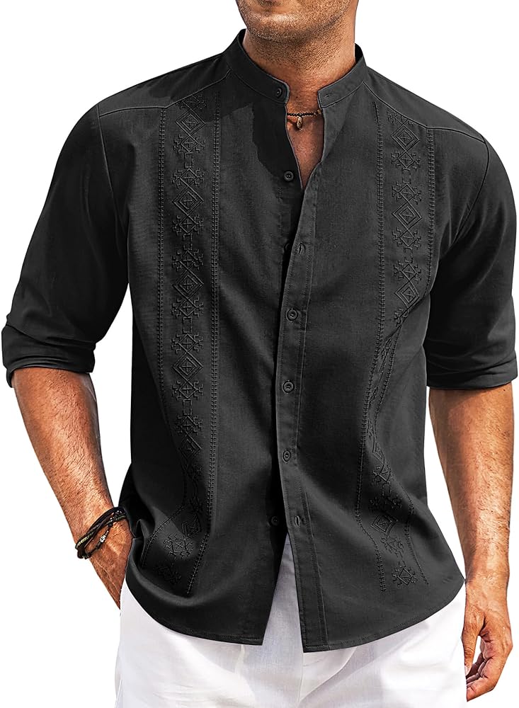 COOFANDY Men's Casual Linen Shirts Cuban Guayabera Long Sleeve Beach Shirt Collarless Button Down T Shirts