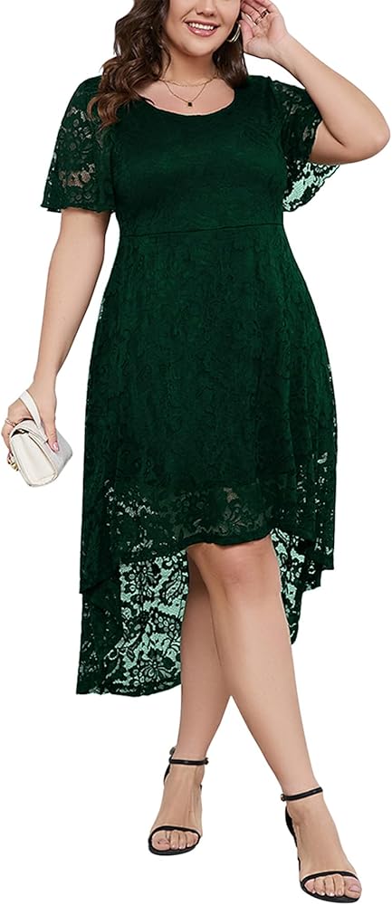 Plus Size Wedding Guest Dresses for Women A-Line Lace Flowy High Low Cocktail Party Dress