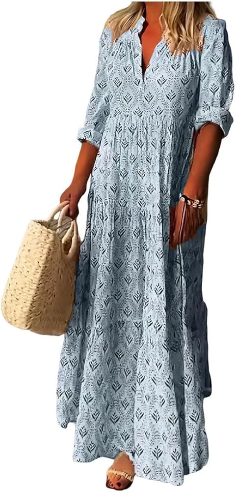 TIAFORD Women's V Neck 3/4 Length Sleeve Boho Long Dress Geometric Print Casual Loose 2024 Spring Pleated Maxi Dress