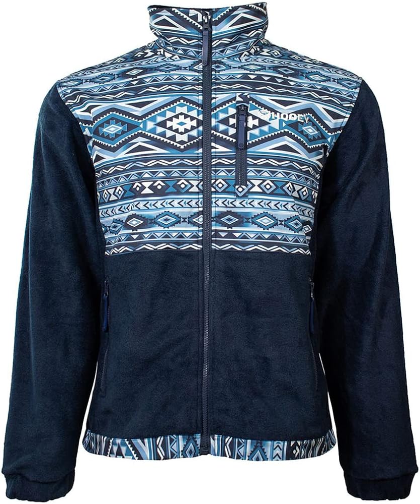 HOOEY Men’s Lightweight Fleece Tech Jacket with Pockets (Navy/Aztec, Medium)