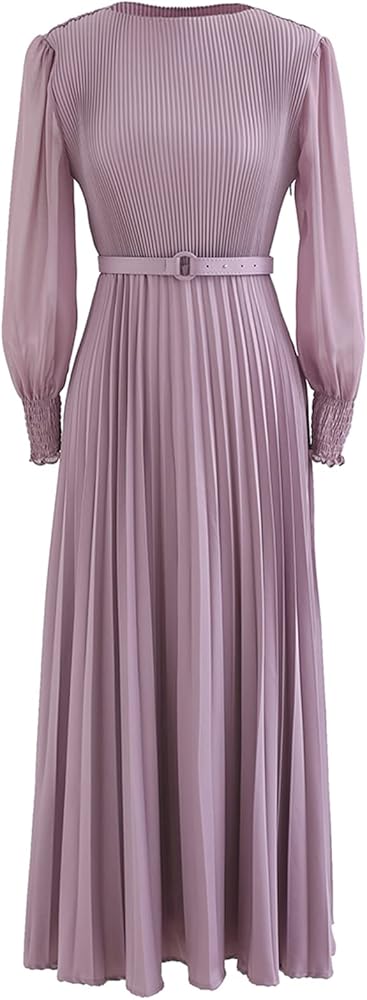 CHICWISH Women's Lilac/Yellow/Dark Green/Tan Full Pleated Belted Maxi Dress