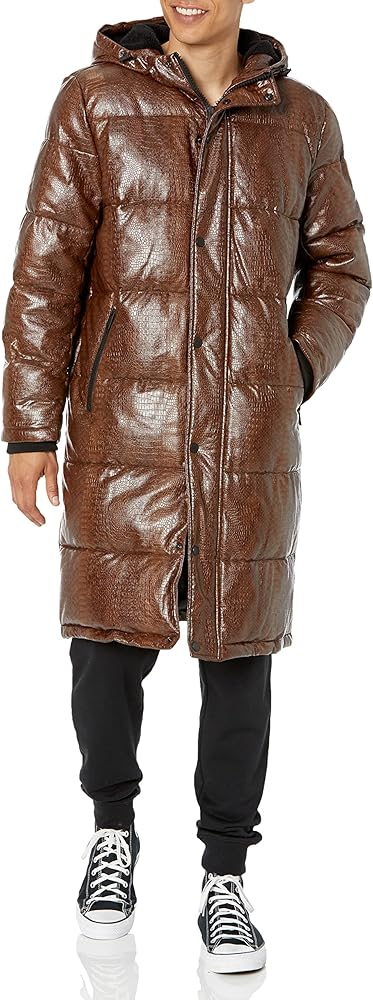 DKNY Men's Faux Leather Long Quilted Fashion Coat