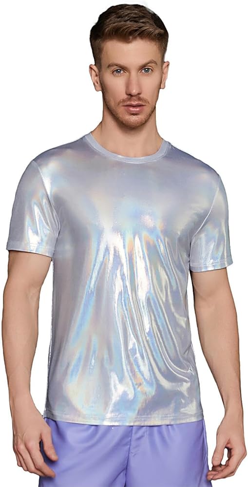 WDIRARA Men's Holographic T Shirt Short Sleeve Round Neck Shiny Party Clubwear Tank Top