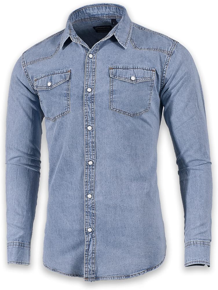 Men's Long Sleeve Double Pocket Snap Denim Shirt