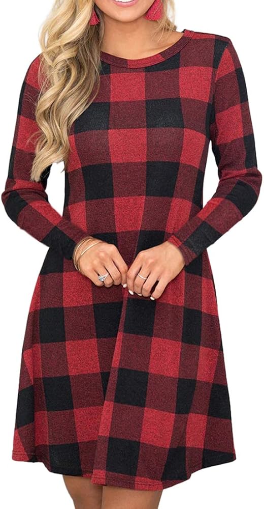 MIROL Women's Long Sleeve Plaid Color Block Casual Swing Loose Fit Tunic Dress