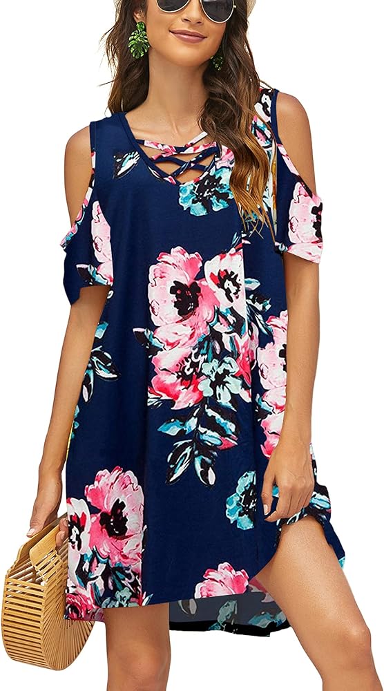 Bluetime Women Summer Cold Shoulder Criss Cross Neckline Short Sleeve Casual Tunic Top Dress (S-3XL)