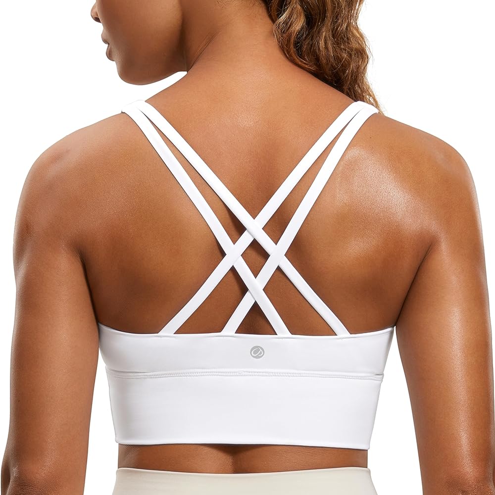 CRZ YOGA Womens Strappy Longline Sports Bra - Medium Impact Criss Cross Yoga Padded Bras Workout Crop Top