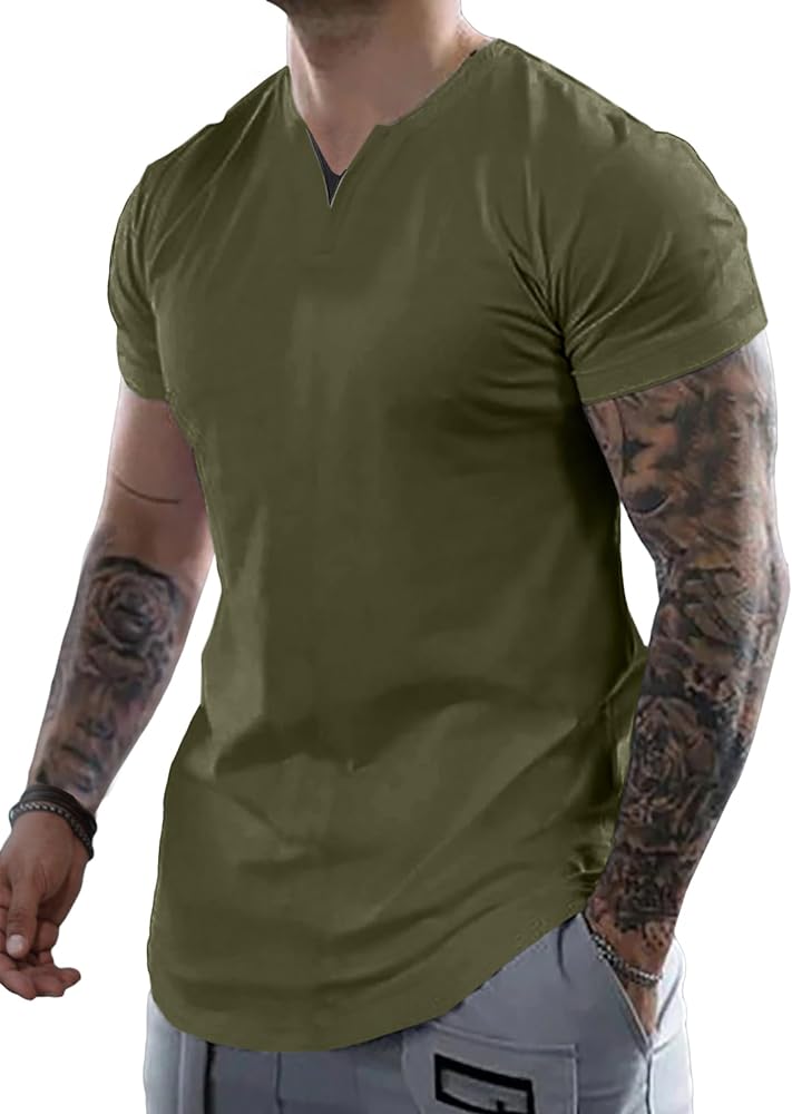 JMIERR Mens Muscle Slim T Shirts V-Neck Longline Henley Shirt Gym Workout Athletic Tees