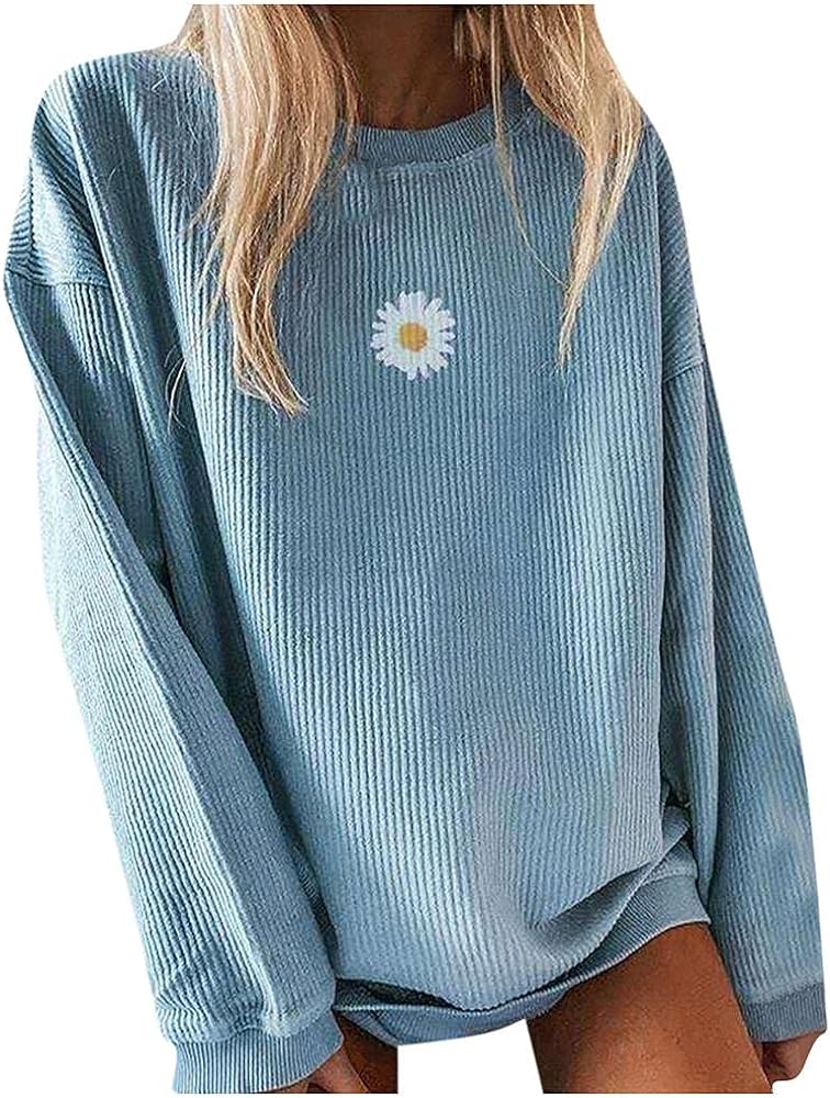 Crewneck Sweatshirts for Teen Girls, Womens Sweatshirt Loose Waffle Daisy Graphic Casual Long Sleeve Basic Blouse