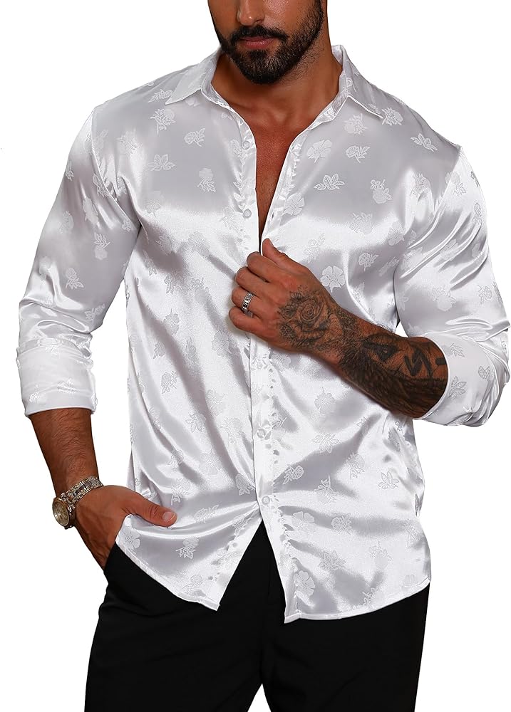 URRU Men's Silk Satin Dress Shirt Jacquard Button Up Shirts Slim Fit Long Sleeve Fashion Casual Shirts