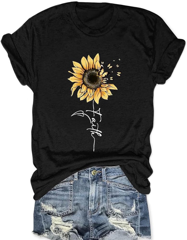 Sunflower Shirts for Women Faith Graphic Tees Short Sleeve Loose Fit Butterfly Teen Girls T Shirt Summer Tops