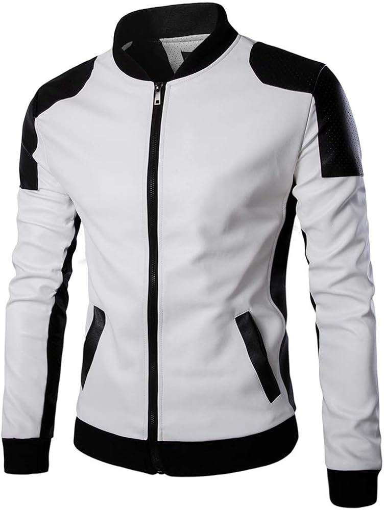 AOWOFS Men's PU Faux Leather Jacket White Black Moto Bomber Fashion Slim Fit Coat