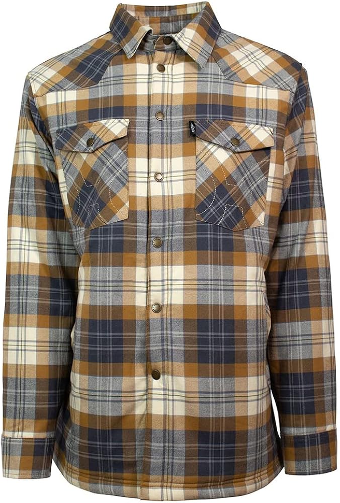 HOOEY Men's Brushed Flannel Snap Jacket with Sherpa Lining (Tan Plaid/Cream Lining, X-Large)