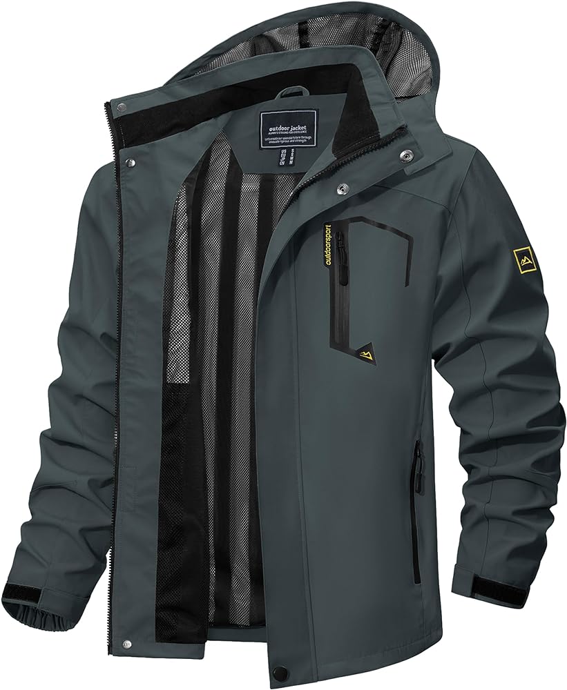 TACVASEN Men's Waterproof Lightweight Outdoor Jacket with Zipped Pockets Windproof Rain Jacket with Hooded Shell Jacket