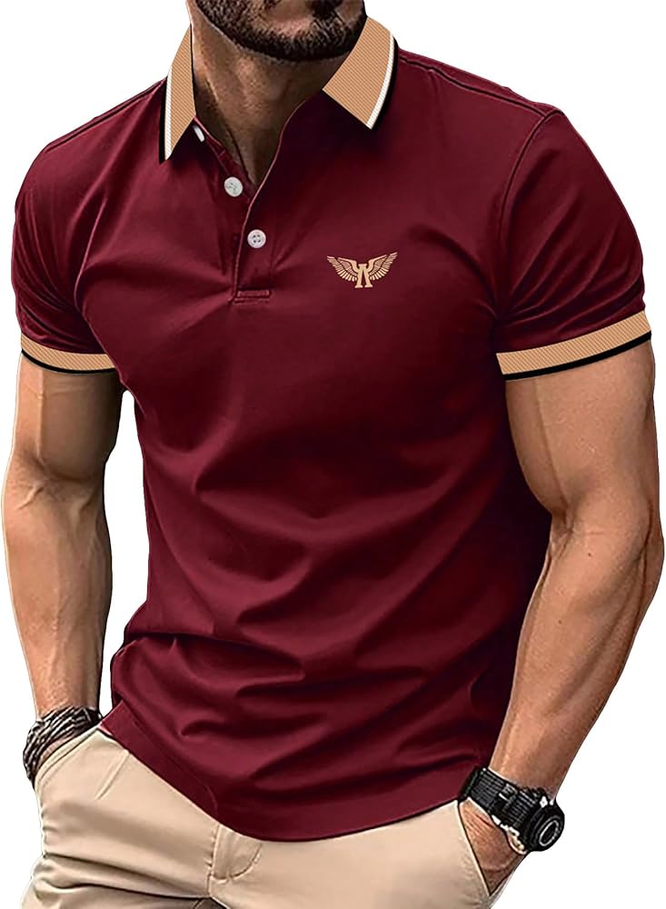 WDIRARA Men's Embroidery Short Sleeve Collar Shirt Casual Contrast Trim Tops