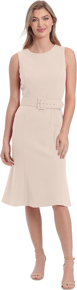 London Times Women's Sleeveless Fluted Sheath with Belt