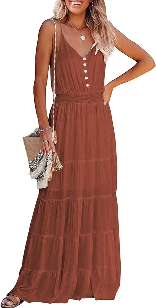 PRETTYGARDEN Women's Casual Summer Dress Spaghetti Strap Sleeveless High Waist Beach Long Maxi Sun Dresses