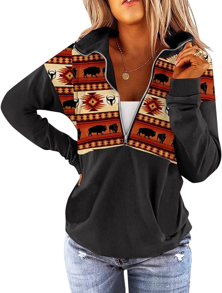 Women's 2024 Casual Aztec Cow Print Zipper Collar Pullover Sweatshirt Western Cowgirl Ethnic Style Hoodies