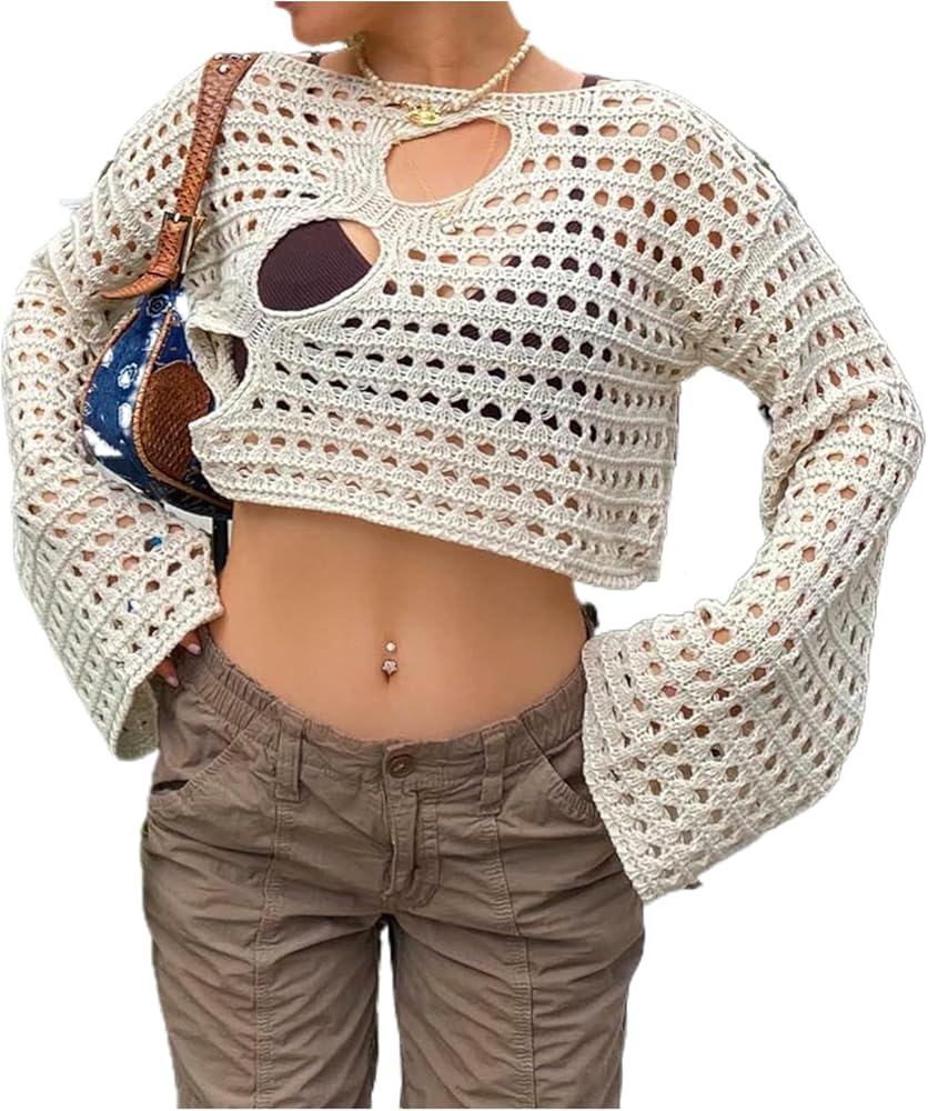 Women Hollow Out Crochet Knit Crop Tops Color Block Long Sleeve Square Neck Fall Sweaters Tops