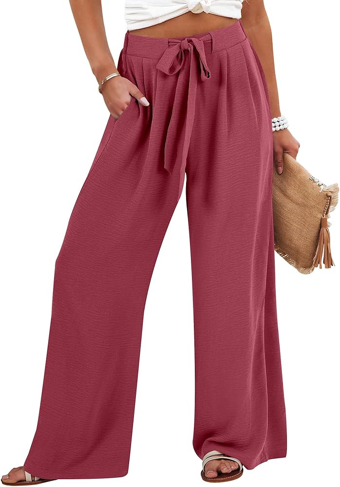 Caracilia Womens Wide Leg Palazzo Pants High Waisted Adjustable Tie Knot Flowy Trousers Casual Loose Lounge Pant with Pockets