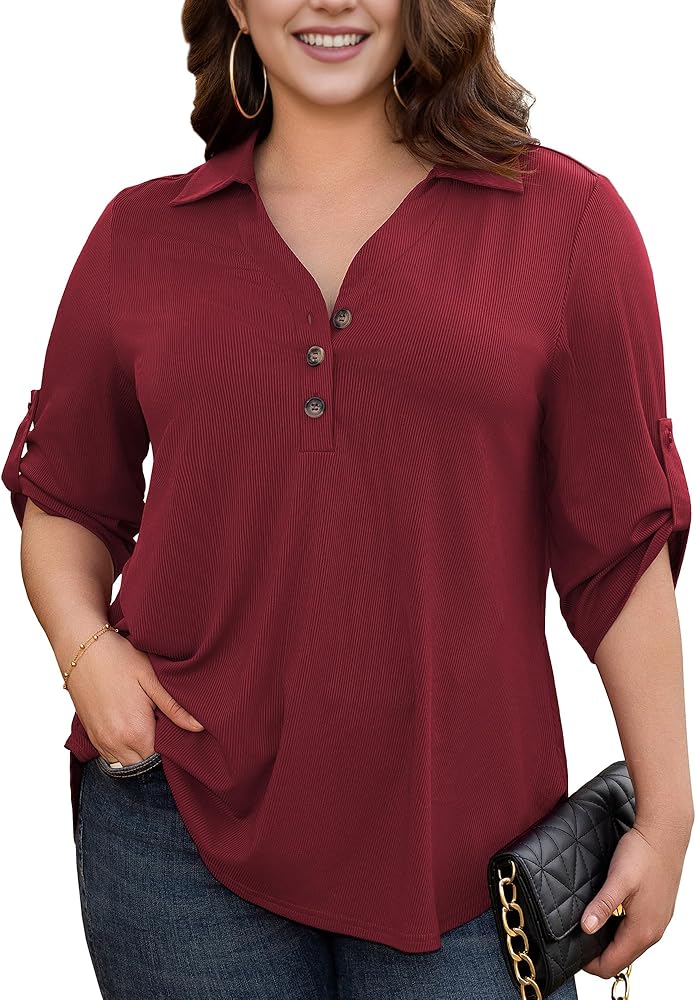 Women's Plus Size Casual Button Down V Neck 3/4 Roll Sleeve Blouses Relaxed Fit Tops Tunic Shirts