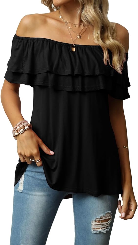 Women's Casual Off Shoulder Ruffle Tops Short Sleeve T Shirts Loose Summer Blouses Shirt