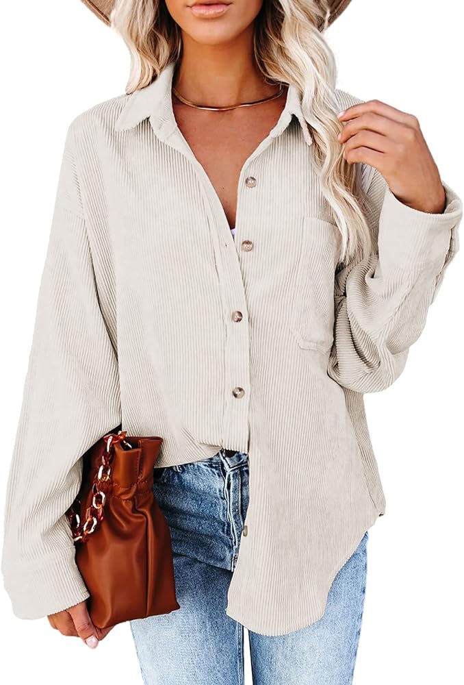 Astylish Women Corduroy Shirts Casual Long Sleeve Button Down Blouses Top