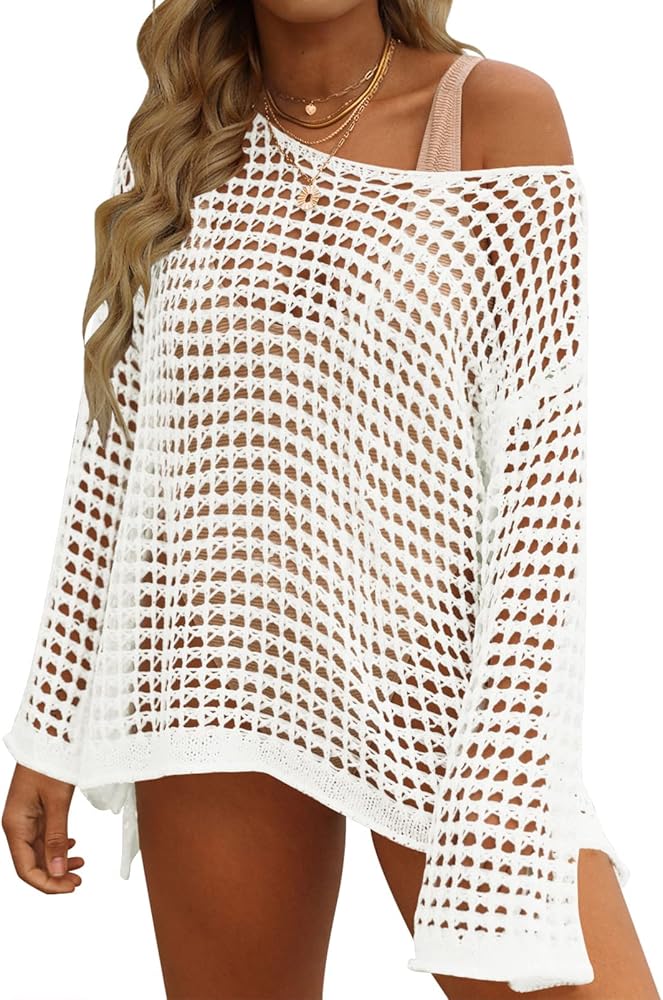 ZESICA Women's 2024 Summer Crochet Hollow Out Long Sleeve Beach Bikini Swimsuit Mesh Cover Up Tunic Top