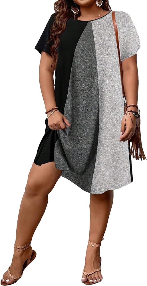 SOLY HUX Women's Plus Size Dress Color Block Short Sleeve T Shirt Dress Casual Summer Dresses