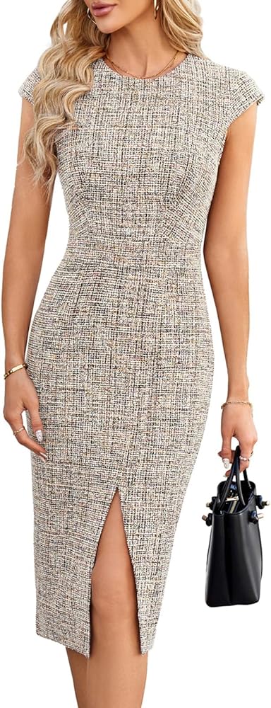 JASAMBAC Womens Work Pencil Dresses Vintage Tweed Slim Dress Cap Sleeve Crew Neck Office Bodycon Midi Dress