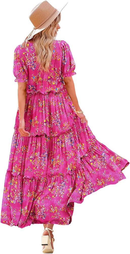 YESNO Summer Casual Bohemian Floral Dresses for Women 2024 Puff Short Sleeve Long Maxi Dress with Pockets ETX