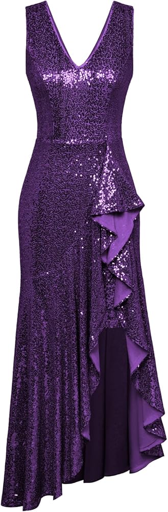 GRACE KARIN Womens Sequin Dress Sleeveless Cockatil Dress High Low Hem Wedding Party Ruffle Maxi Dress Evening Gown