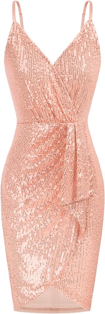 GRACE KARIN Women's Sexy Sequin Dress Wrap V-Neck Ruched Bodycon Spaghetti Straps Cocktail Party Night Club Dresses