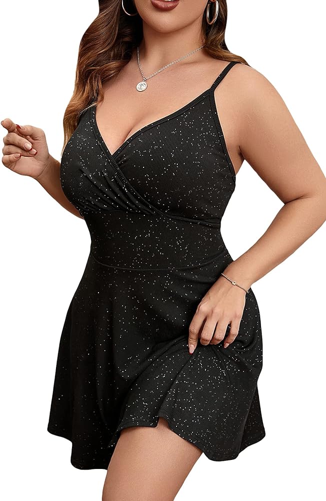 Floerns Women's Plus Size Sleeveless Glitter Dress Wrap V Neck Flared Short Dress