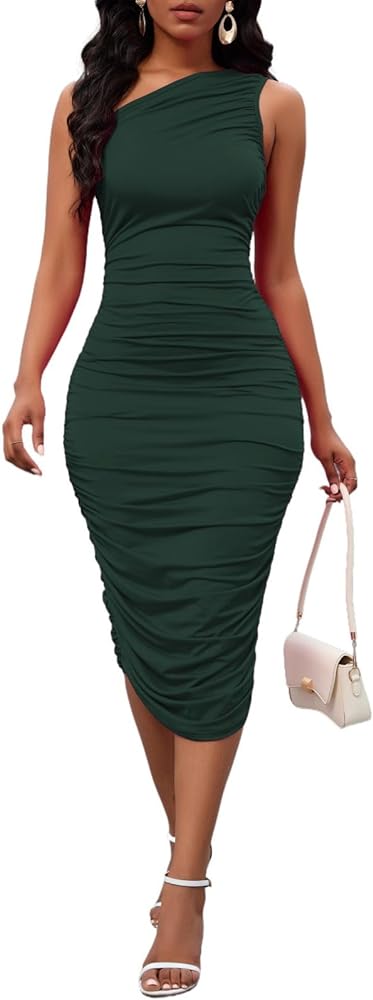 Women's Sexy One Shoulder Dresses Sleeveless Party Club Ruched Cocktail Wedding Guest Bodycon Midi Dress