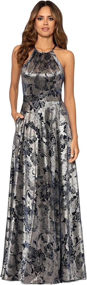 Betsy & Adam Women's Long Sleeveless Halter Metallic Print Wrap Overlay Gown